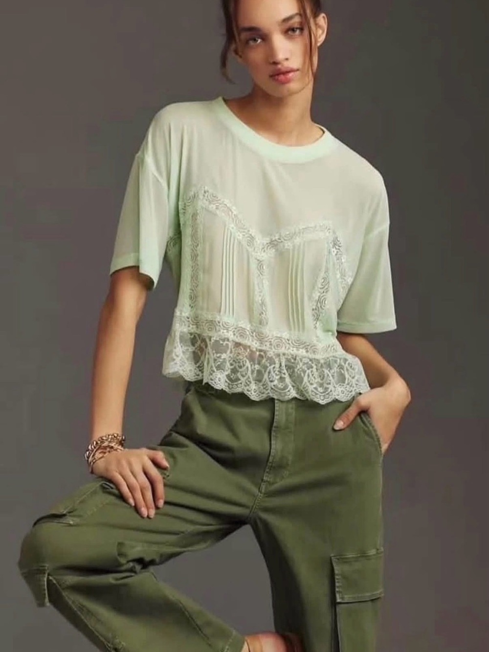 DOLAN Anthropologie Short-Sleeve Sheer Lace Top Sz Large